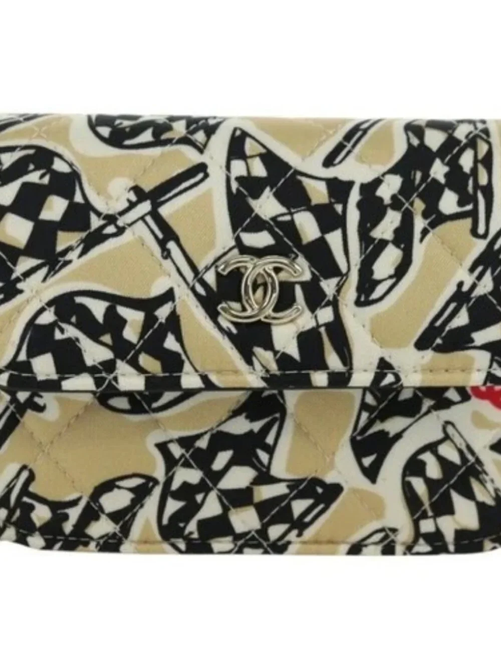 CHANEL Matelasse Checker Flag Chain Pouch Cotton Beige CC Auth YKZ1020SAM